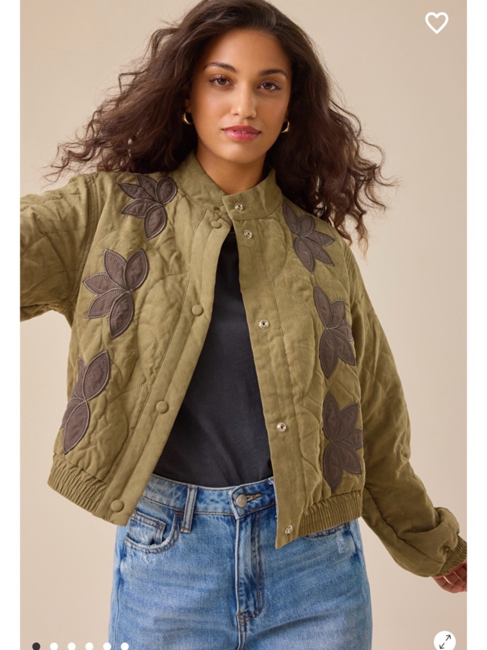 Altar'd State Olive Quilted Bomber with Brown Floral Appliqué